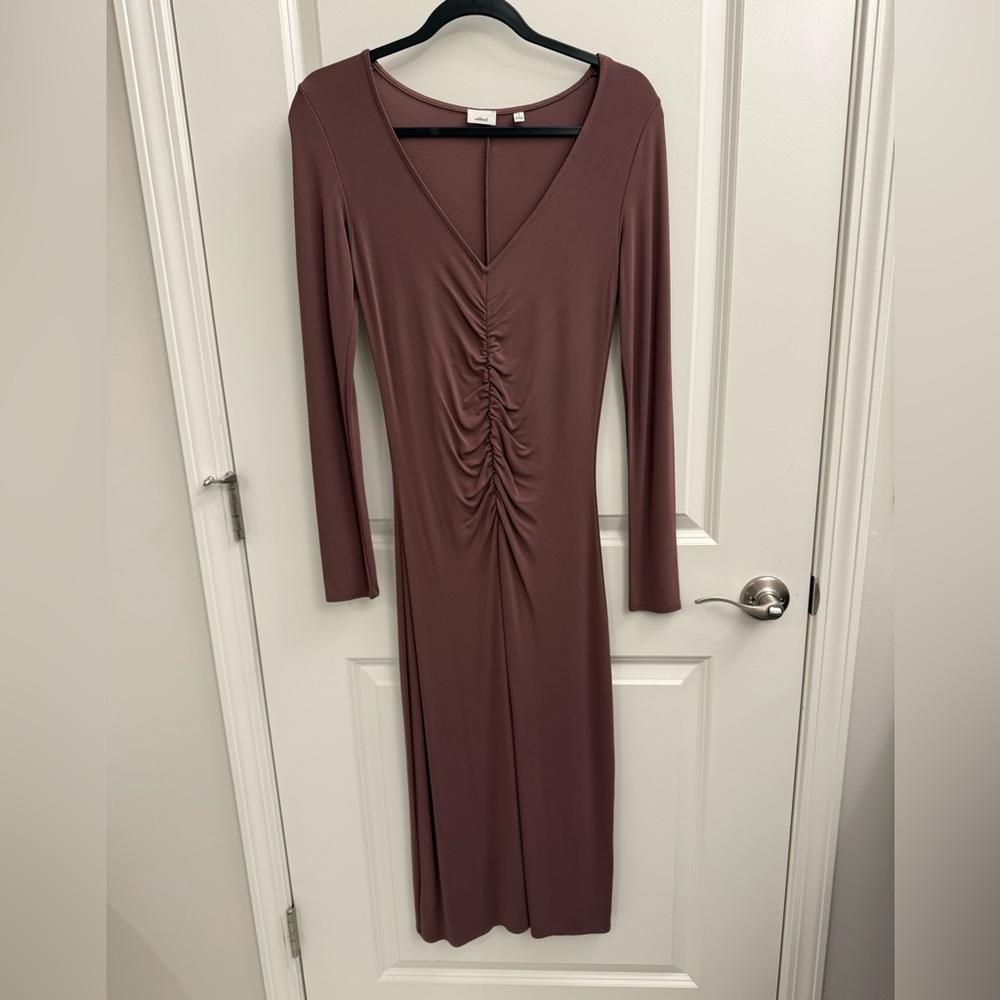 Wilfred Purple Ruched V-Neck Bodycon Dress
